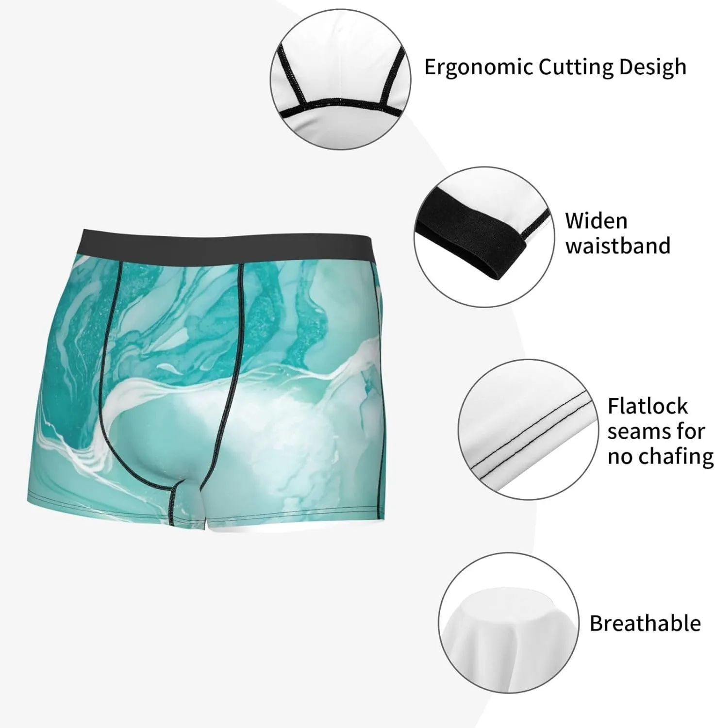 Teal Turquoise Print Boxer Briefs For Men Breathable Underwear-