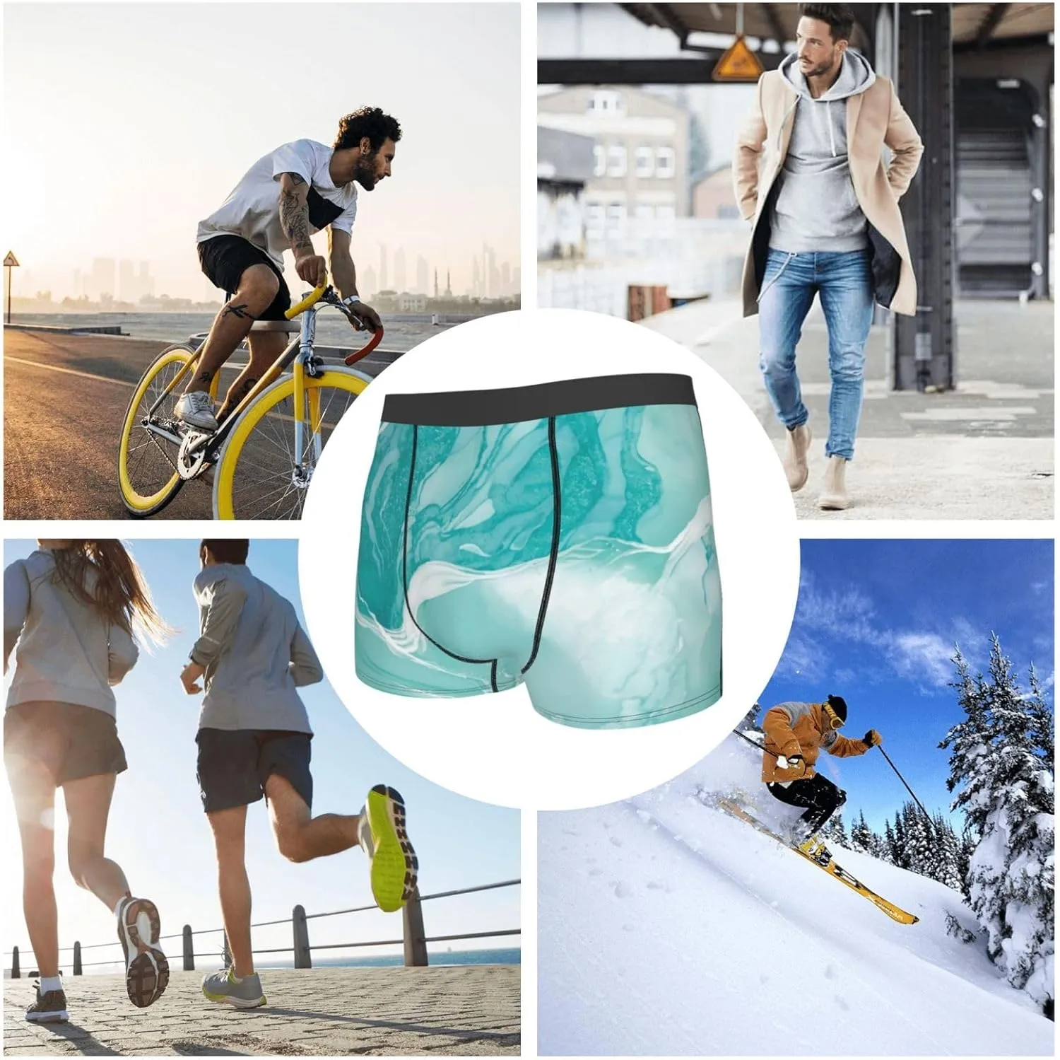 Teal Turquoise Print Boxer Briefs For Men Breathable Underwear-