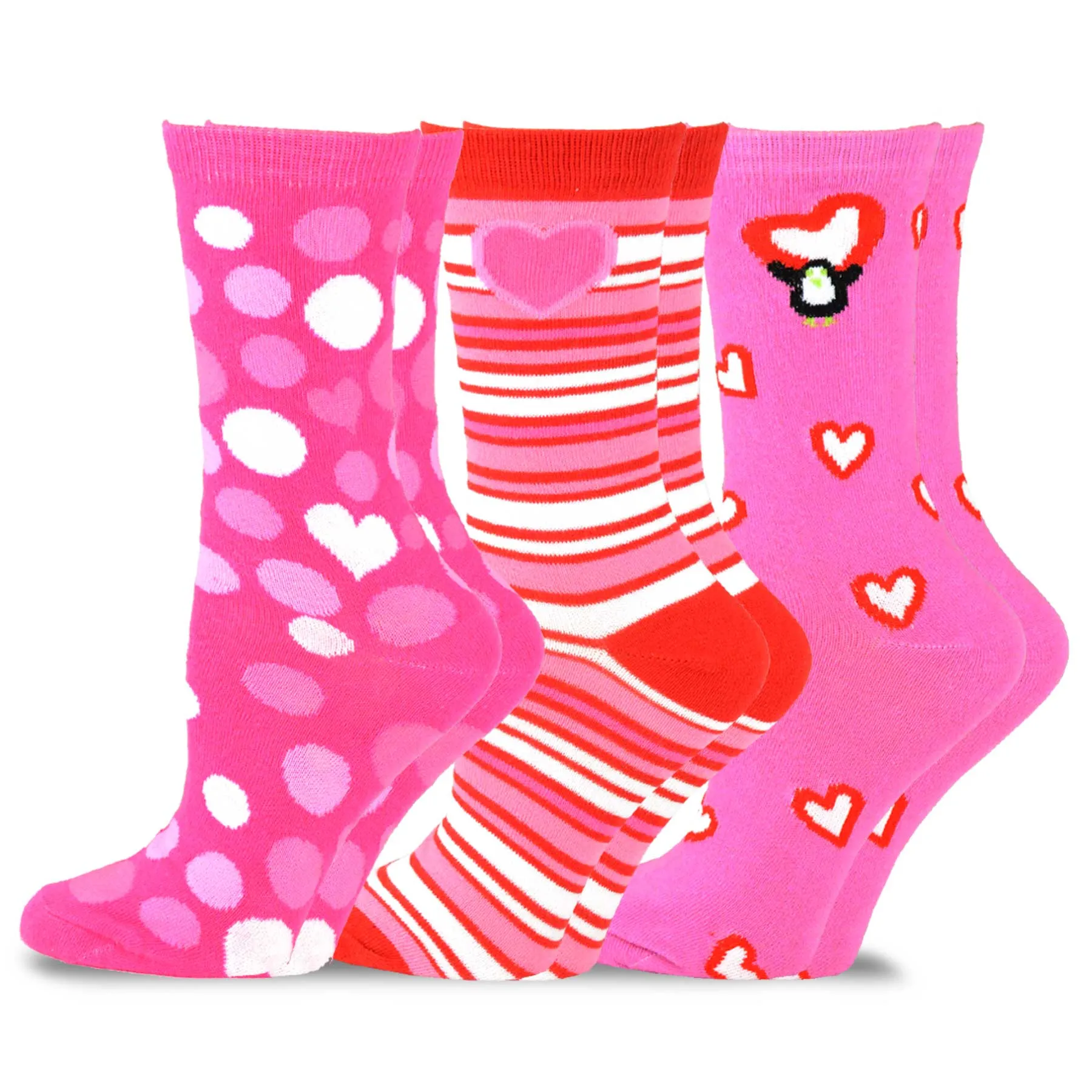 TeeHee Socks Women's Valentine Cotton Crew Pink Heart 3-Pack (11454)