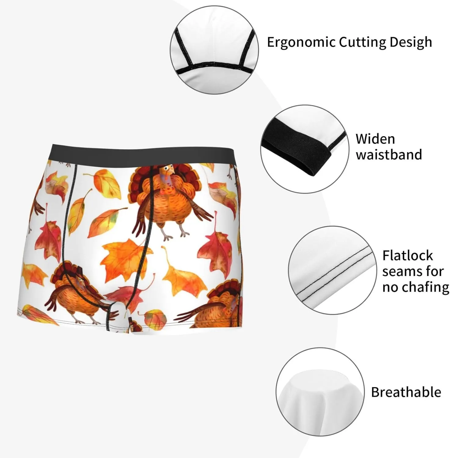 Thanksgiving Turkey Leaves Print Boxer Briefs For Men Breathable Underwear-