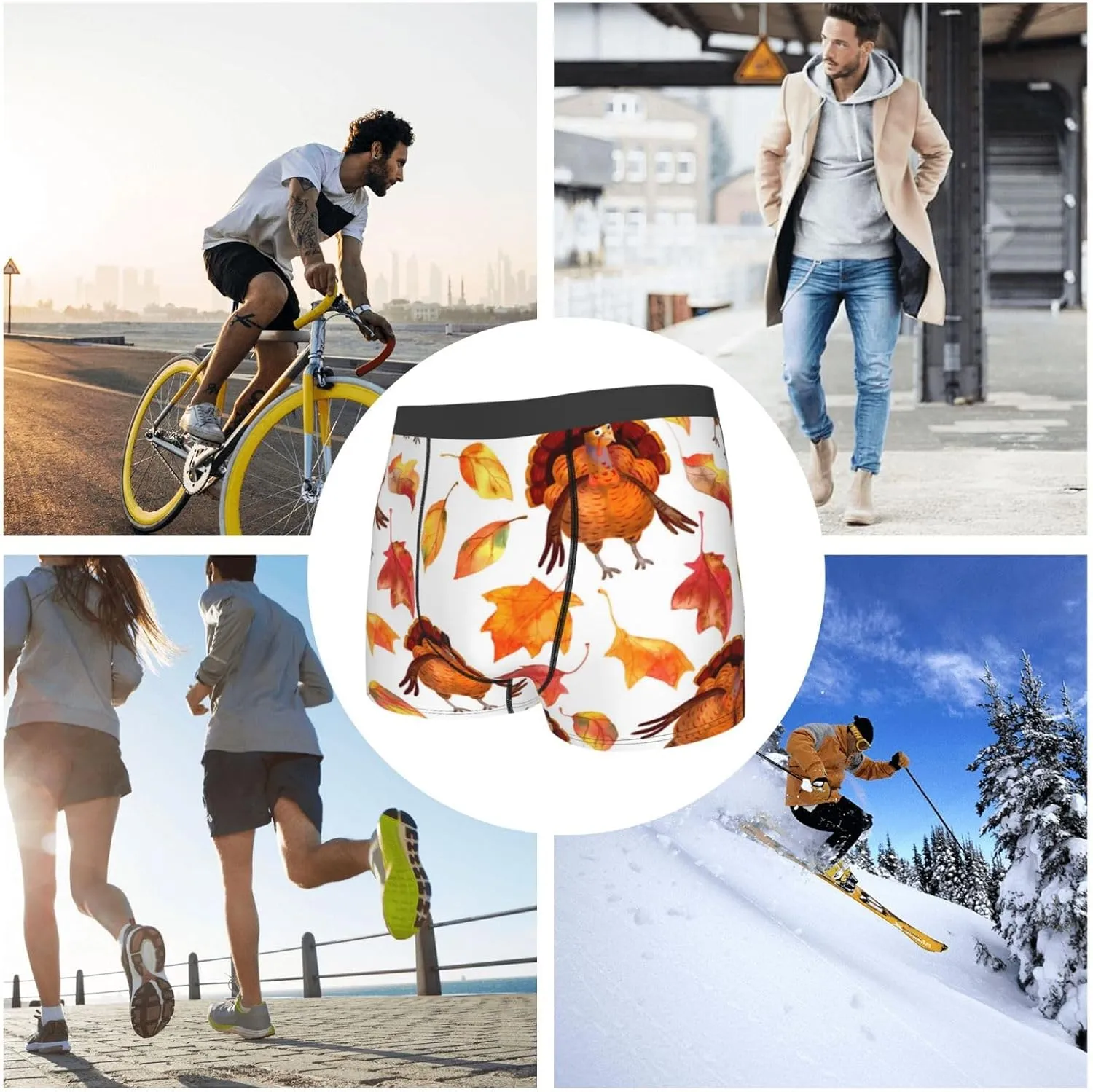 Thanksgiving Turkey Leaves Print Boxer Briefs For Men Breathable Underwear-