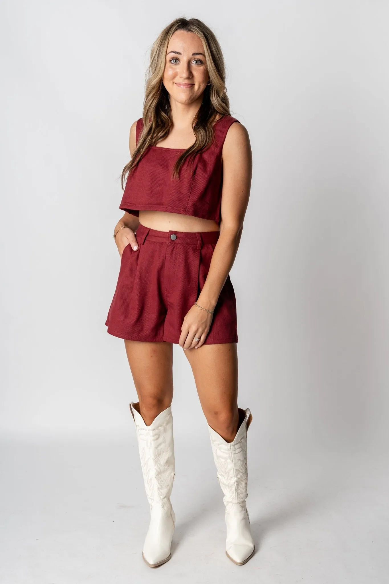 Tie back crop tank top burgundy