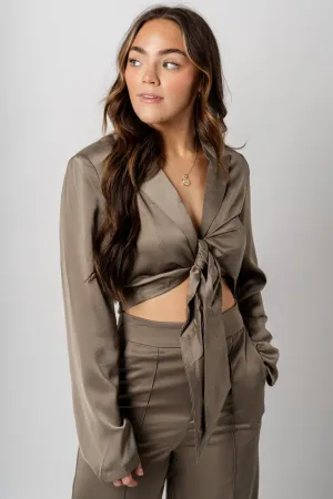 Tie front long sleeve crop top dusty sage