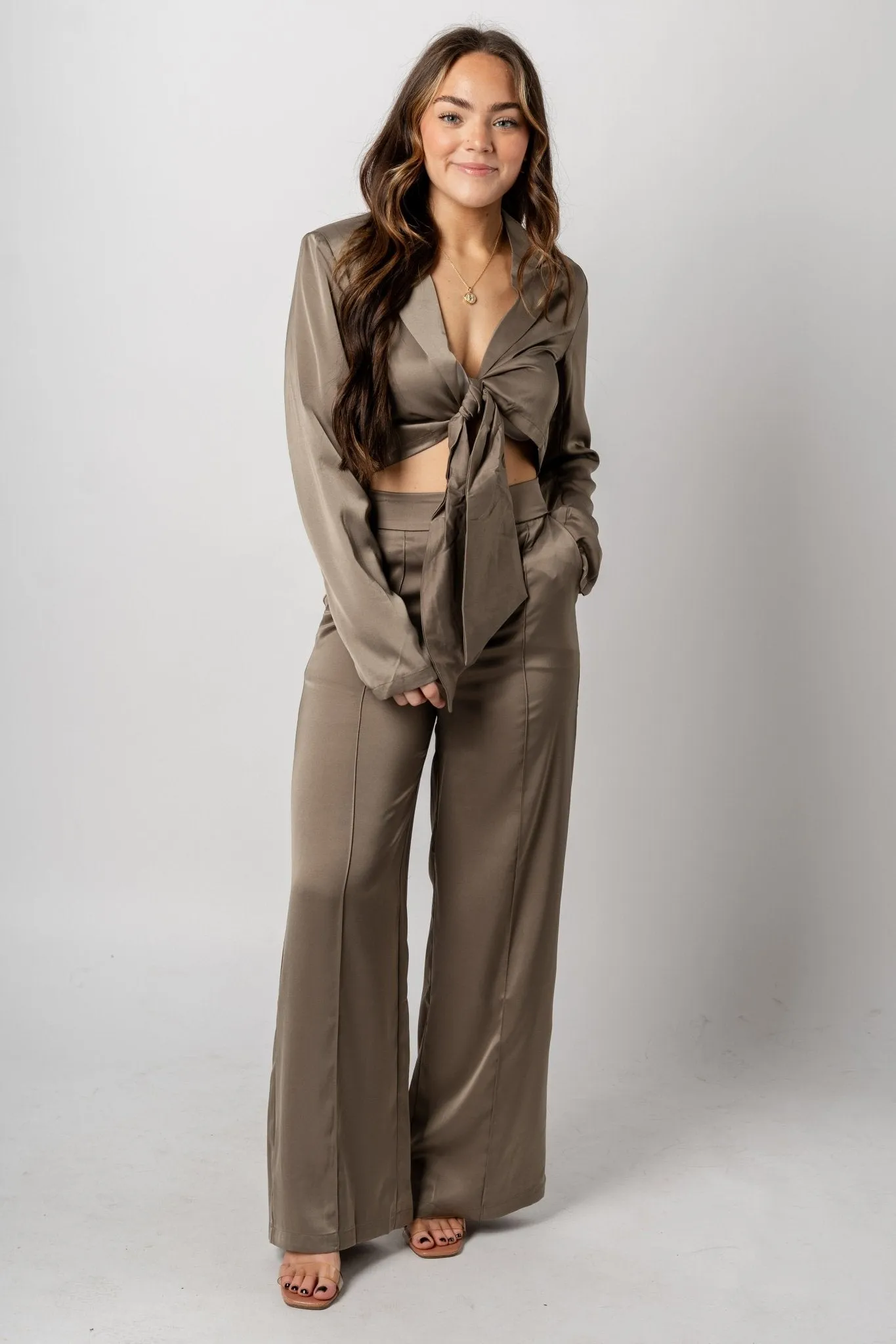 Tie front long sleeve crop top dusty sage