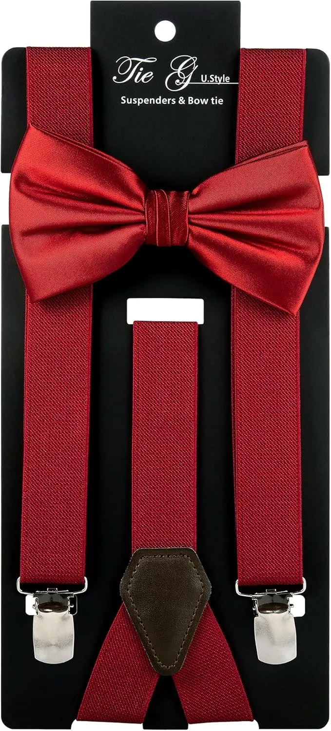 TIE G Solid Color Men's Suspender   Woven Bow Tie Set for Wedding : Vivid Color, Adjustable Brace, Strong Clip, Elastic Band