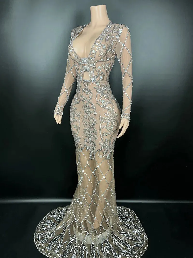 Trend4us Women's Chic Sheer Crystal Beaded Long Evening Gown