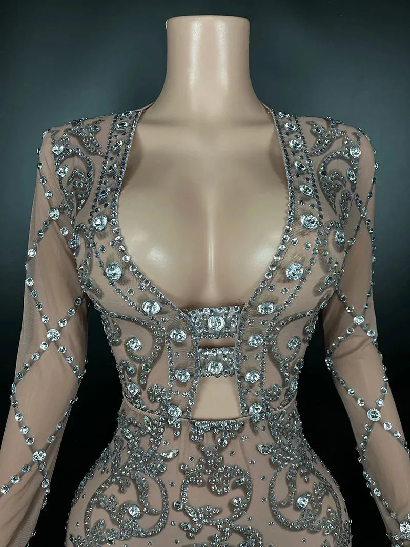 Trend4us Women's Chic Sheer Crystal Beaded Long Evening Gown