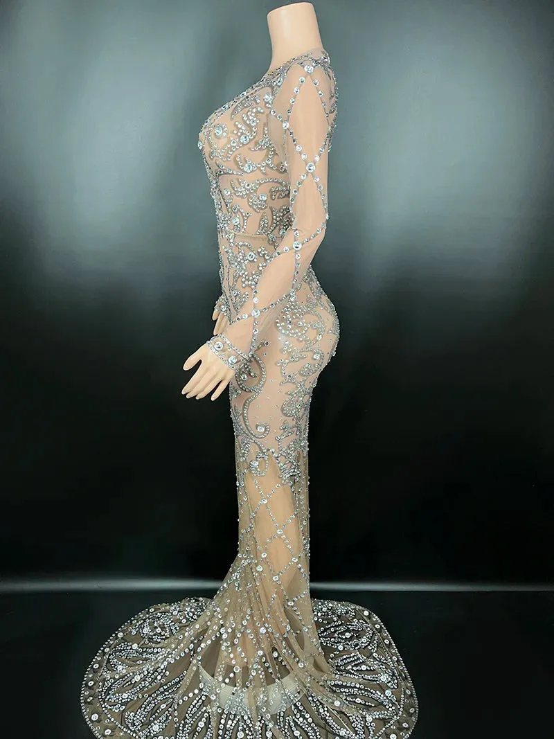 Trend4us Women's Chic Sheer Crystal Beaded Long Evening Gown