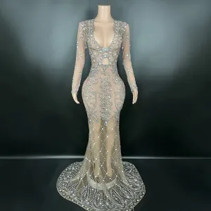 Trend4us Women's Chic Sheer Crystal Beaded Long Evening Gown