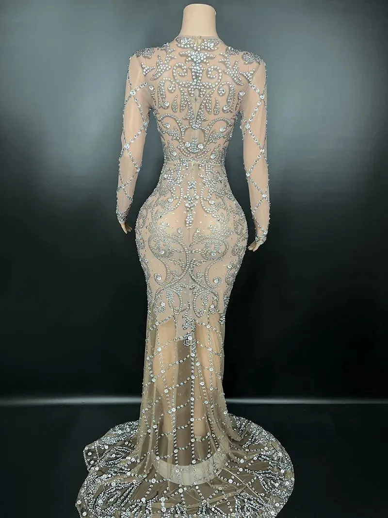 Trend4us Women's Chic Sheer Crystal Beaded Long Evening Gown