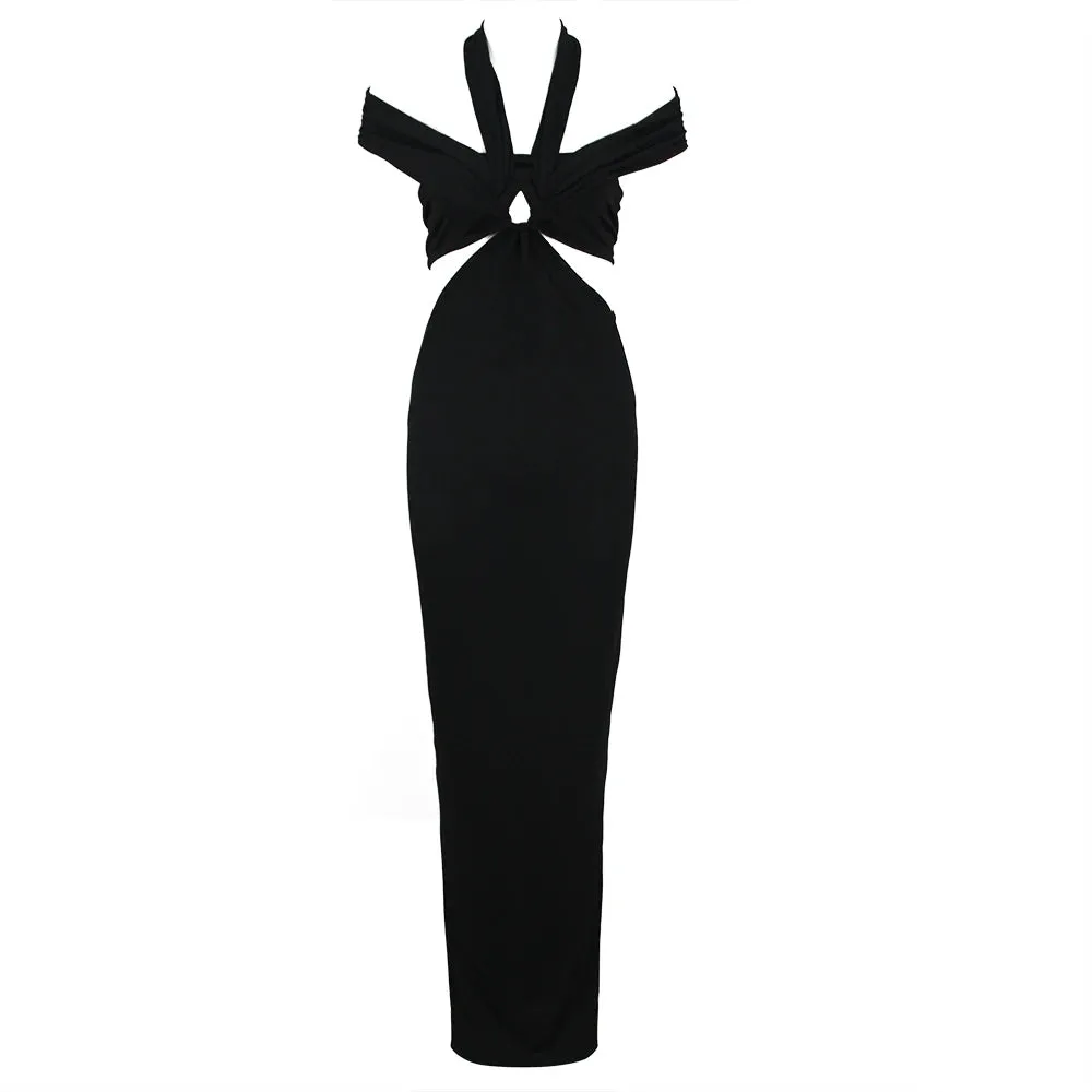 Trend4us Women's Elegant Black Cutout Evening Maxi Dress