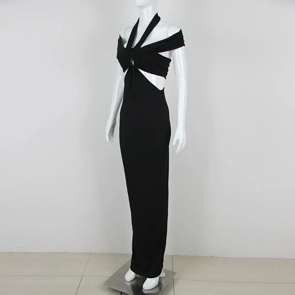 Trend4us Women's Elegant Black Cutout Evening Maxi Dress
