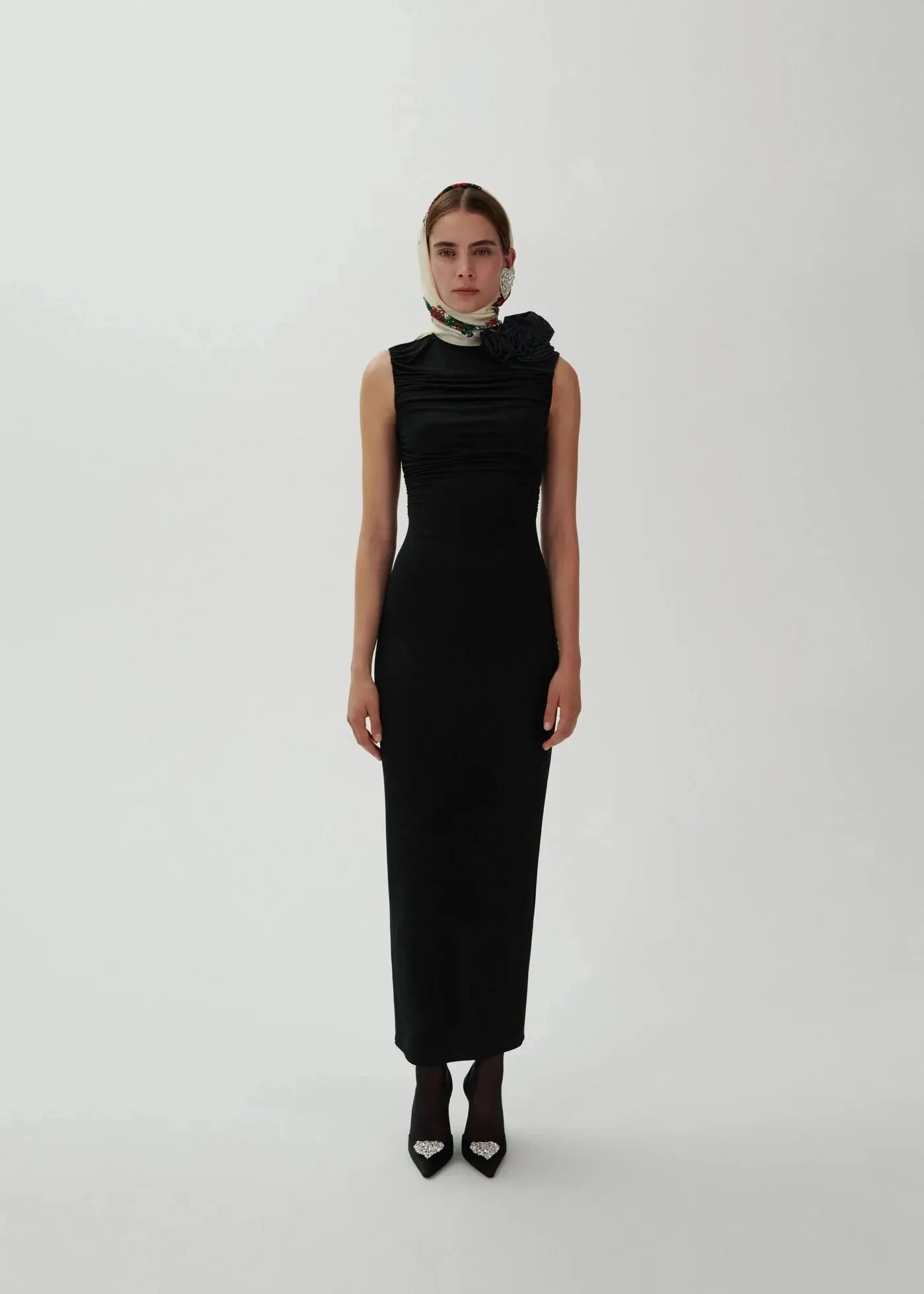 Trend4us Women's Ruched Flower High Neck Evening Gown