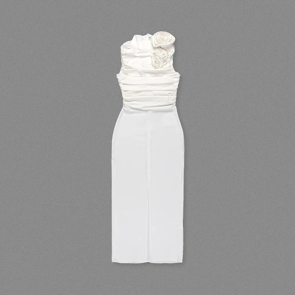 Trend4us Women's Ruched Flower High Neck Evening Gown