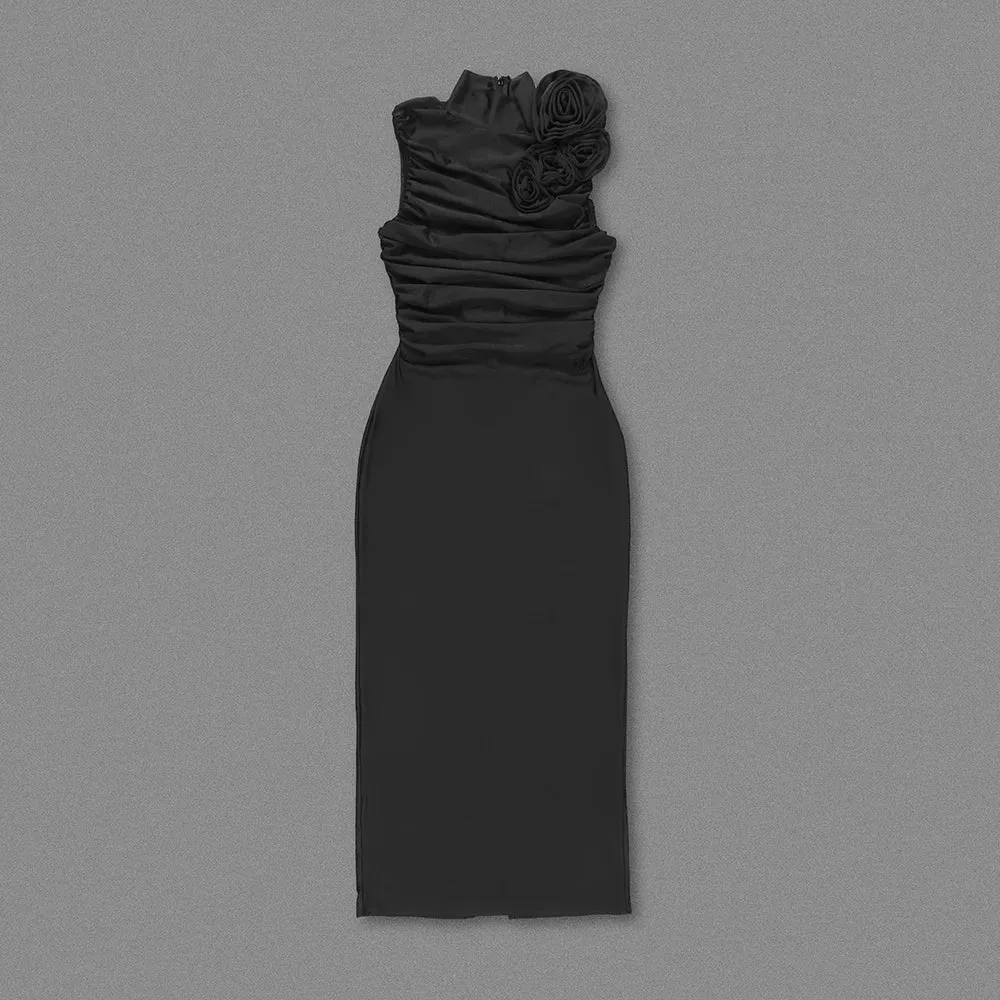 Trend4us Women's Ruched Flower High Neck Evening Gown
