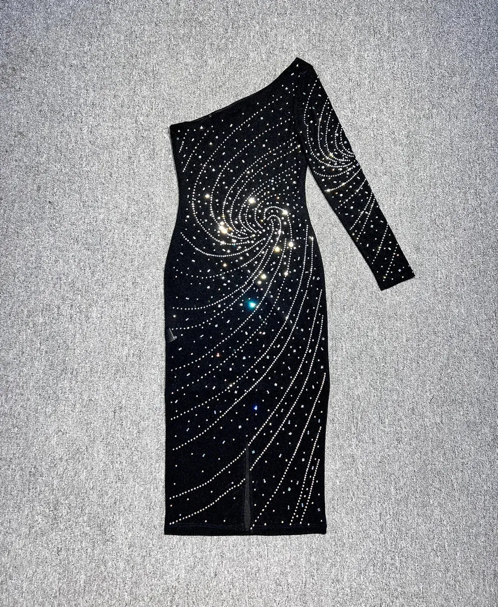 Trend4us Women's Sparkly One-Shoulder Crystal Midi Evening Dress