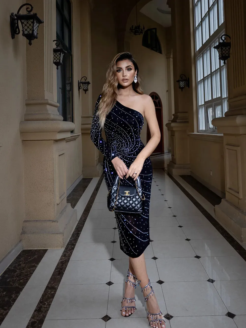 Trend4us Women's Sparkly One-Shoulder Crystal Midi Evening Dress