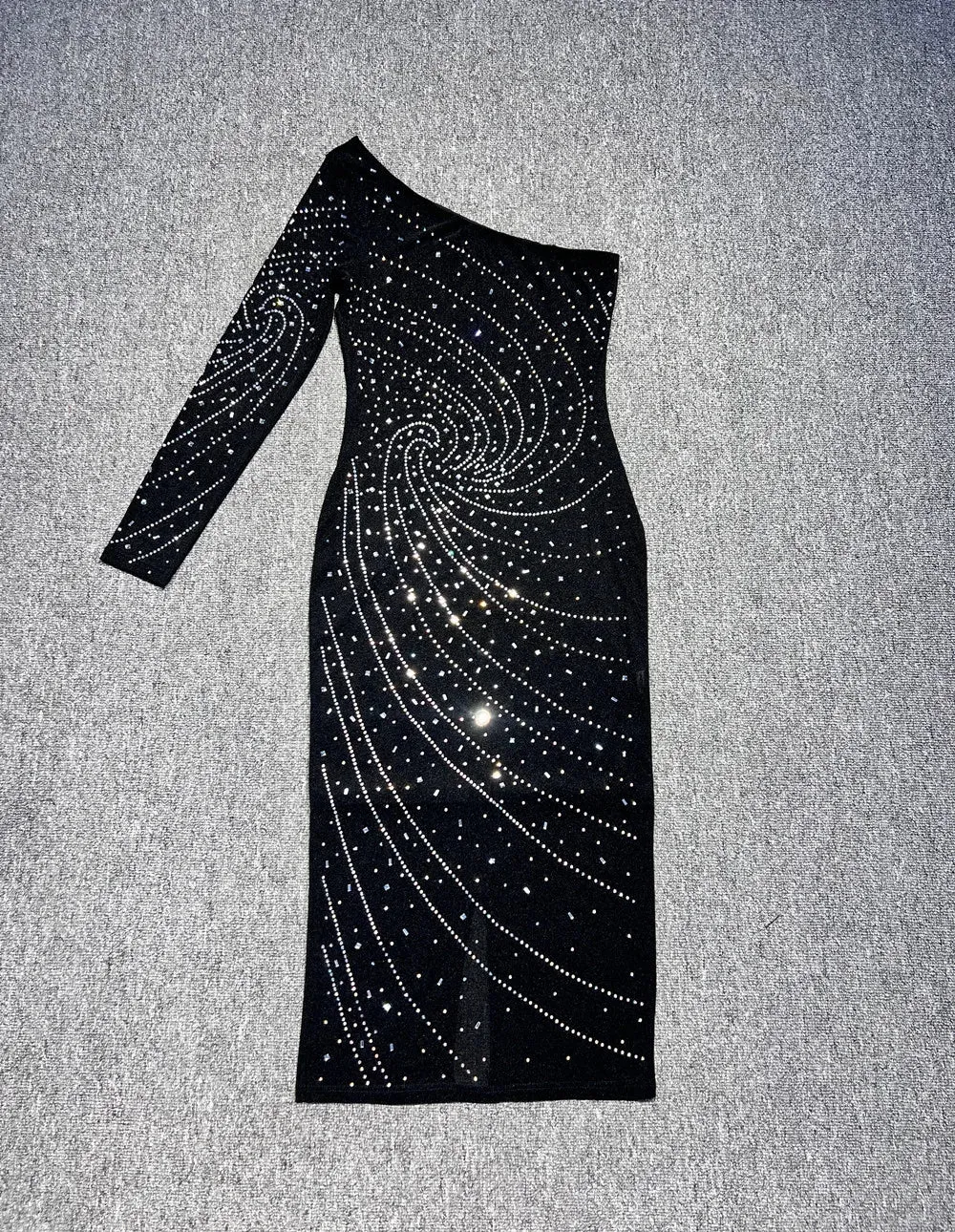 Trend4us Women's Sparkly One-Shoulder Crystal Midi Evening Dress
