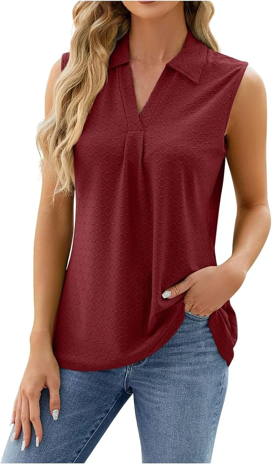 Trendy Eyelet Tops for Women Sleeveless V Neck Tank Top Pleated Front Dressy Blouses Casual Loose Business Work Shirts
