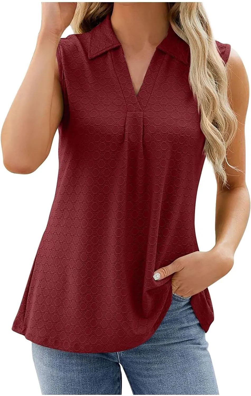 Trendy Eyelet Tops for Women Sleeveless V Neck Tank Top Pleated Front Dressy Blouses Casual Loose Business Work Shirts