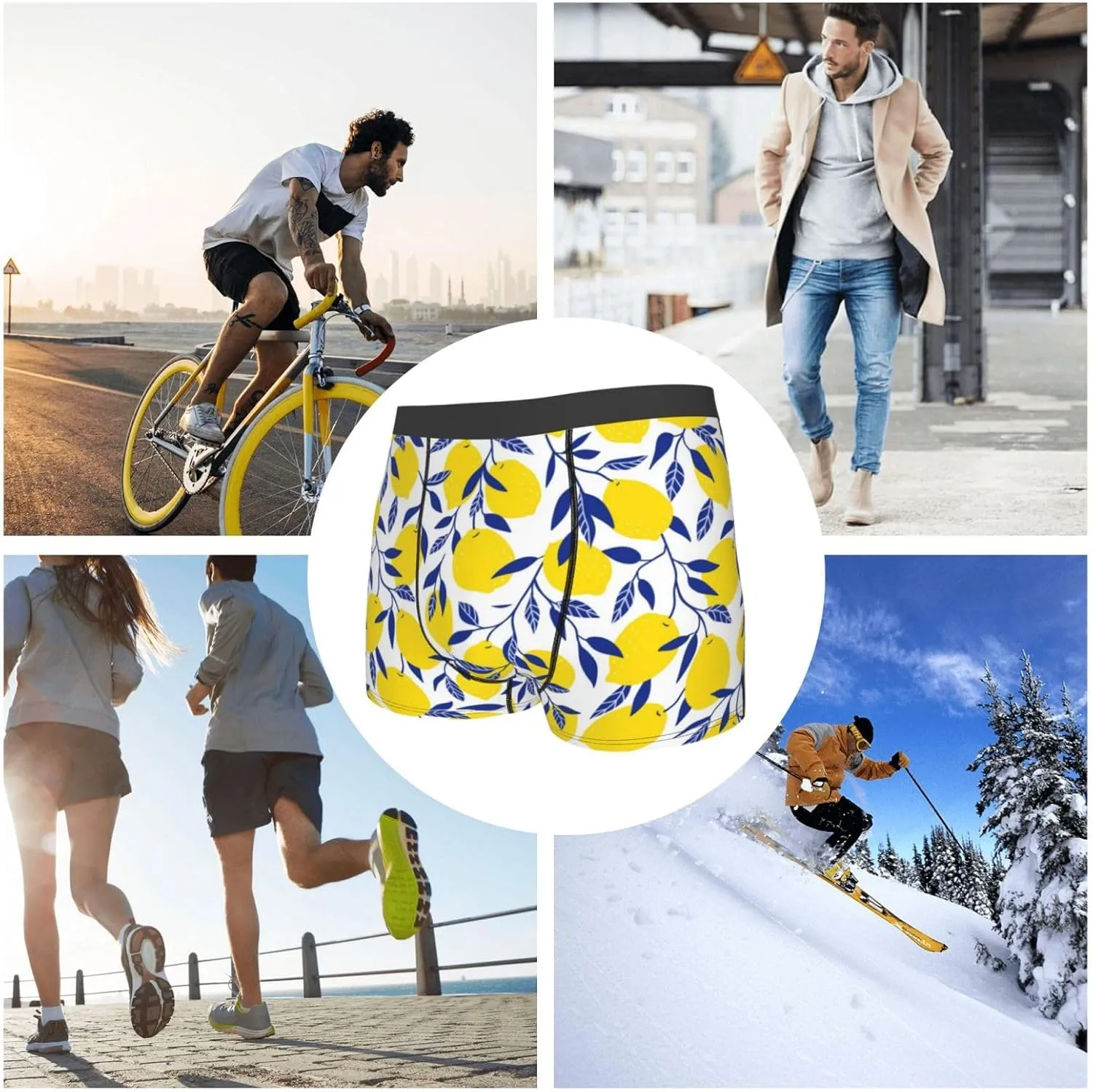 Tropical Lemon Print Boxer Briefs For Men Breathable Underwear-