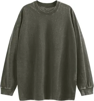 Tuislay Vintage Oversized T Shirts for Men Cotton Baggy Crewneck Streetwear Sweatshirt Acid Wash Long Sleeve Tee Shirts Top