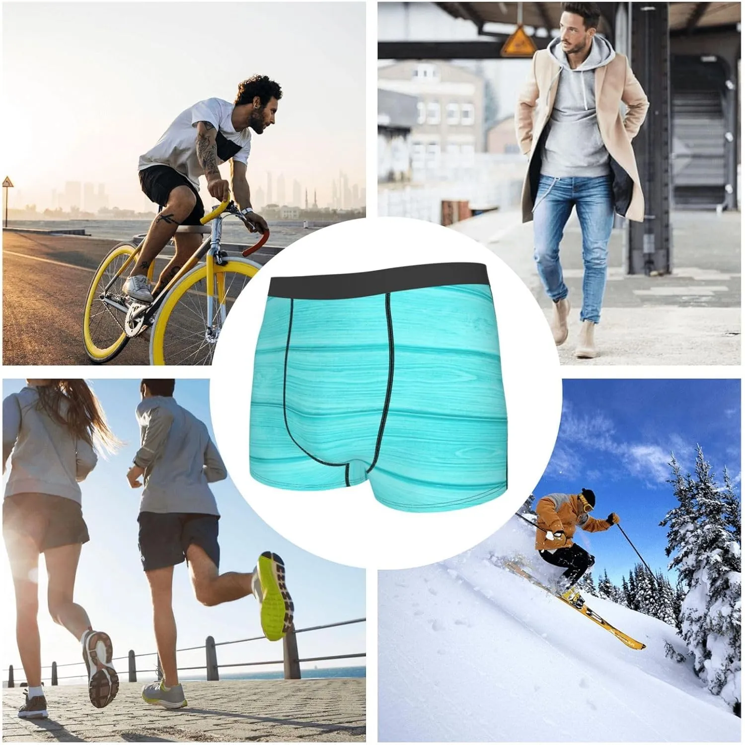 Turquoise Wooden Print Boxer Briefs For Men Breathable Underwear-