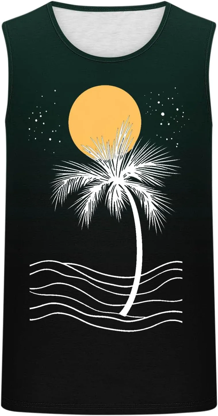 Uillui Mens Beach Tank Top Fashion Hawaiian Palm Graphic T-Shirts Summer Wokout Gym Sleeveless Muscle Tank Tops Vacation Tee