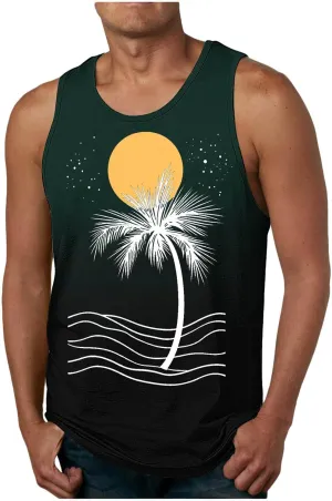 Uillui Mens Beach Tank Top Fashion Hawaiian Palm Graphic T-Shirts Summer Wokout Gym Sleeveless Muscle Tank Tops Vacation Tee