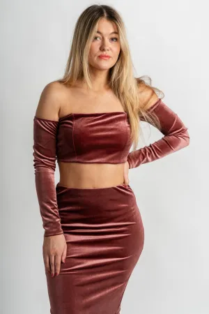 Velvet off shoulder crop top mauve