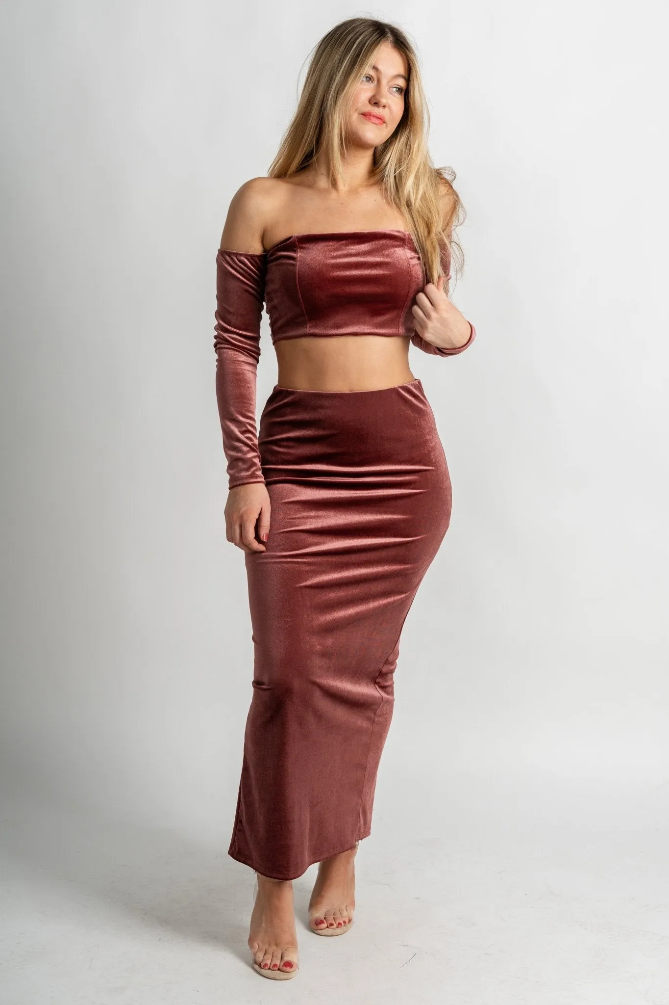 Velvet off shoulder crop top mauve
