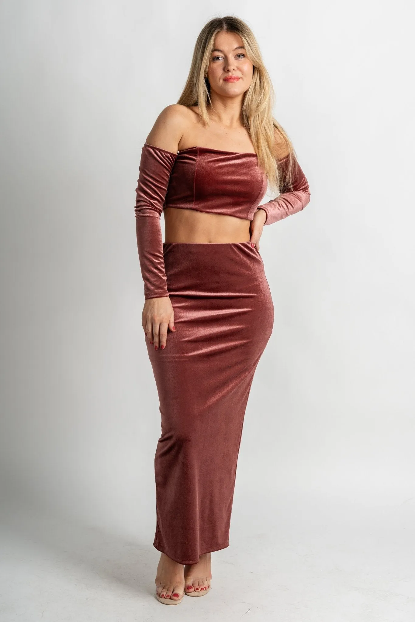 Velvet off shoulder crop top mauve