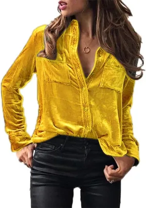 Velvet Top for Women Vintage Casual Button Down Shirts Retro Tops Long Sleeve Blouses