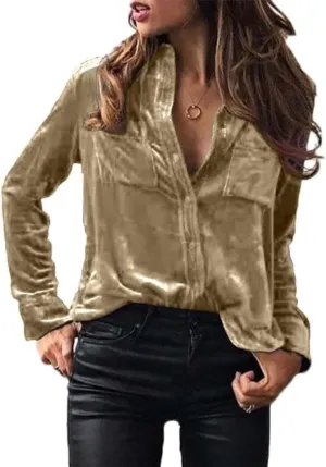 Velvet Top for Women Vintage Casual Button Down Shirts Retro Tops Long Sleeve Blouses