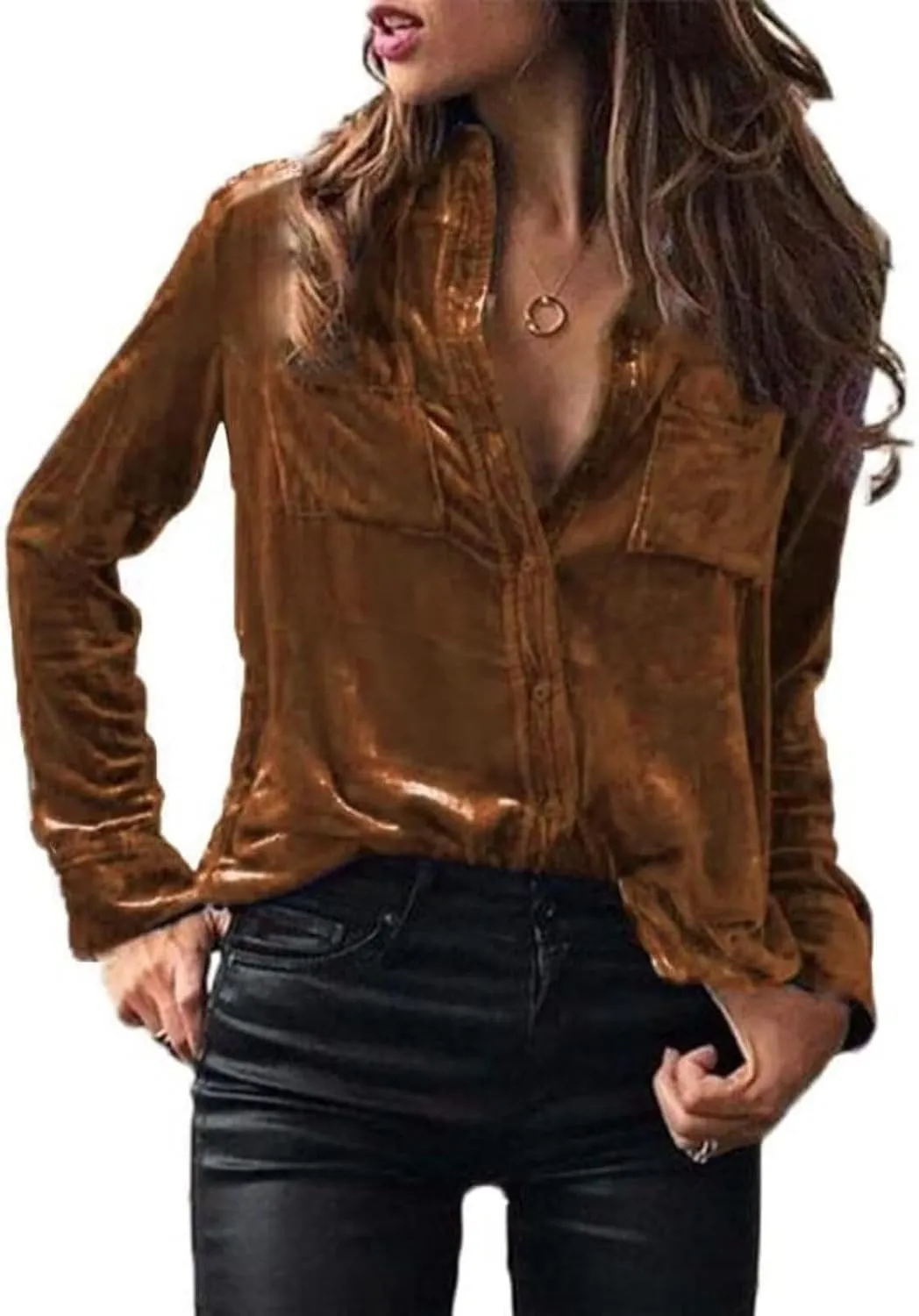 Velvet Top for Women Vintage Casual Button Down Shirts Retro Tops Long Sleeve Blouses