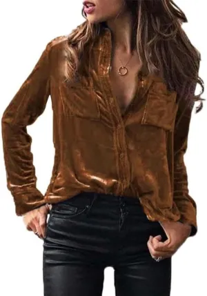 Velvet Top for Women Vintage Casual Button Down Shirts Retro Tops Long Sleeve Blouses