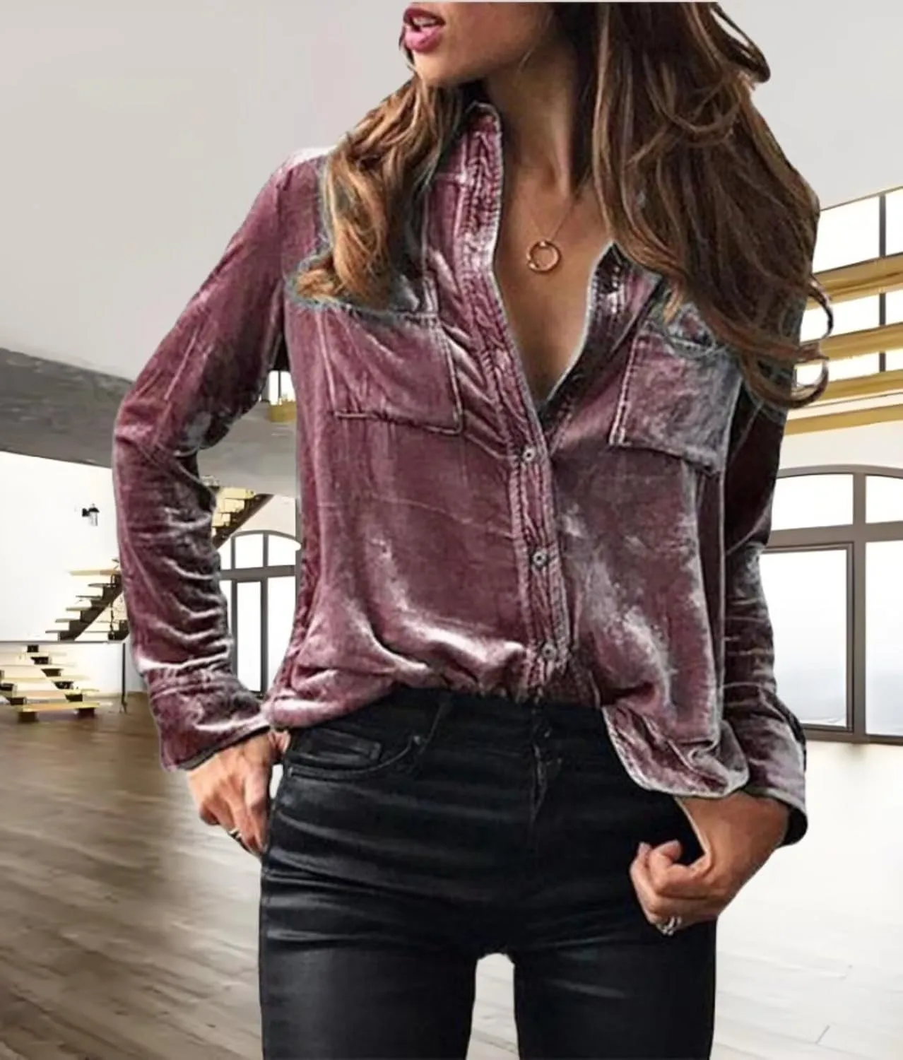 Velvet Top for Women Vintage Casual Button Down Shirts Retro Tops Long Sleeve Blouses
