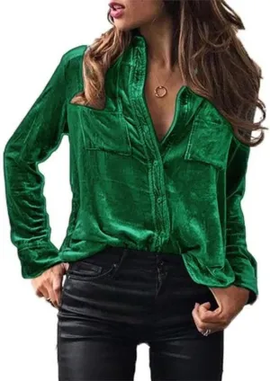 Velvet Top for Women Vintage Casual Button Down Shirts Retro Tops Long Sleeve Blouses