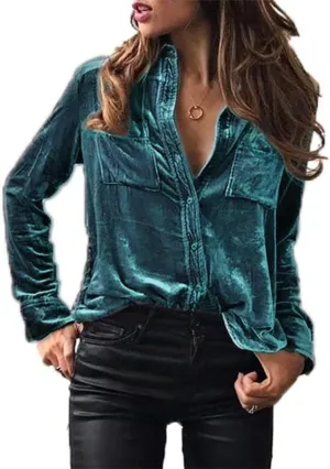 Velvet Top for Women Vintage Casual Button Down Shirts Retro Tops Long Sleeve Blouses