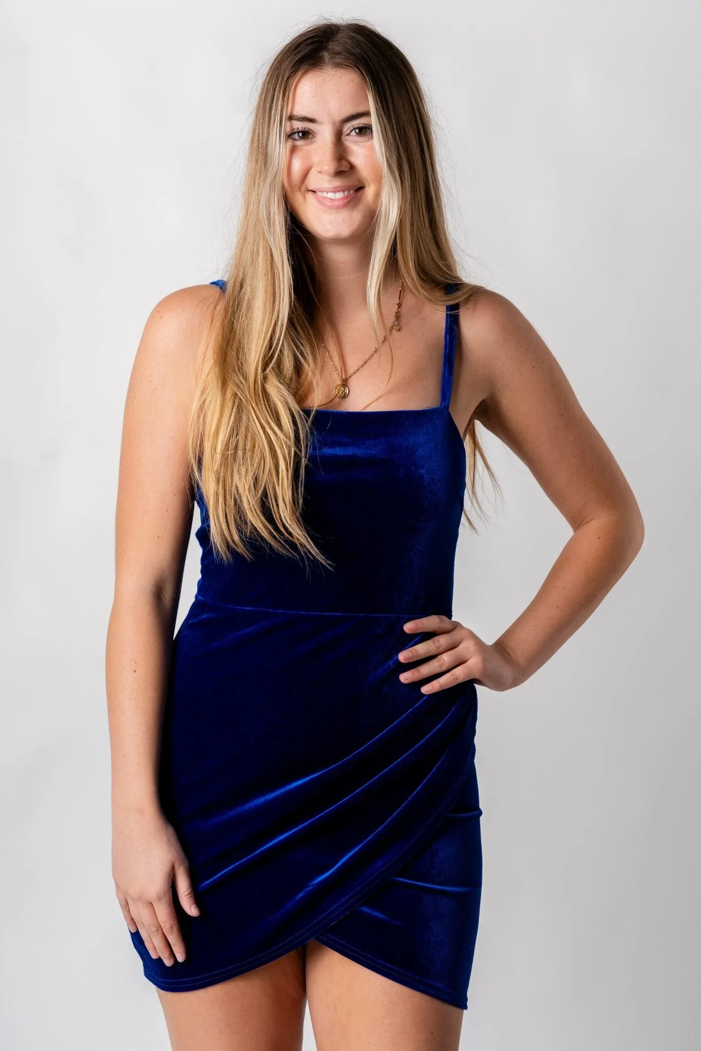 Velvet wrap mini dress royal blue