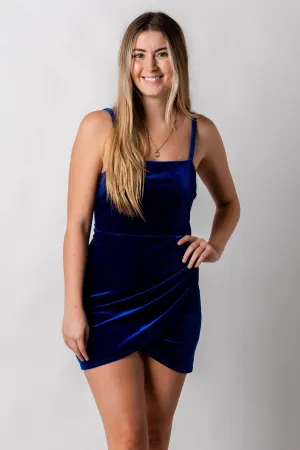 Velvet wrap mini dress royal blue
