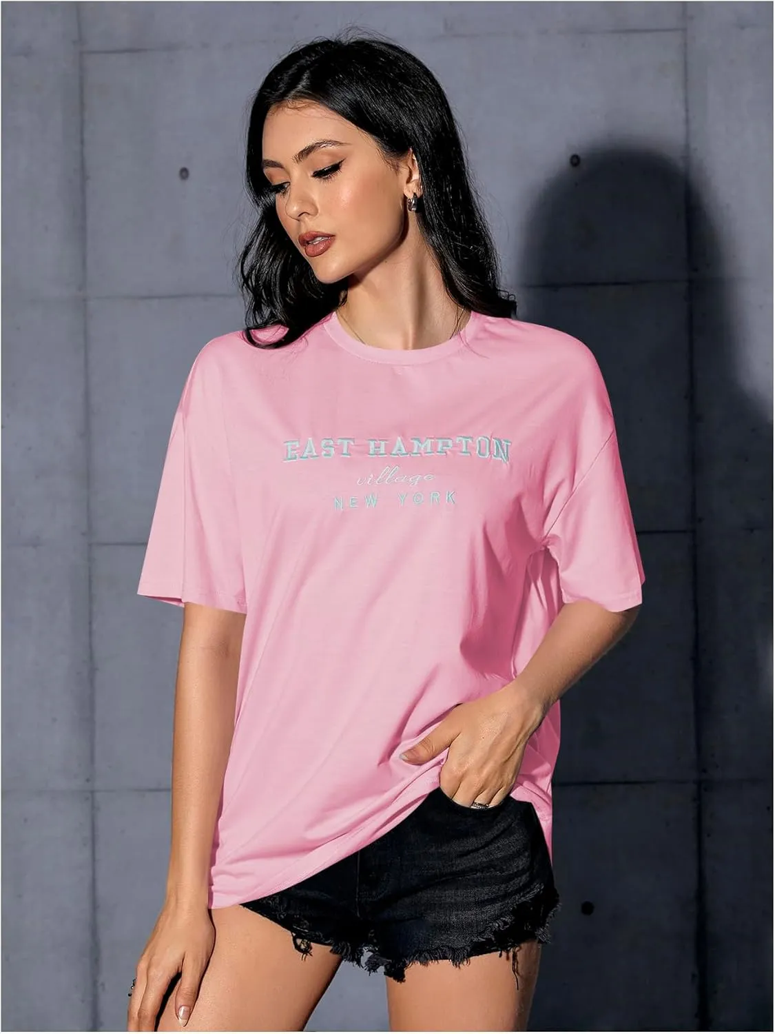 Verdusa Women's Oversized Letter Graphic Tees Embroidery Short Sleeve Shirts Tops