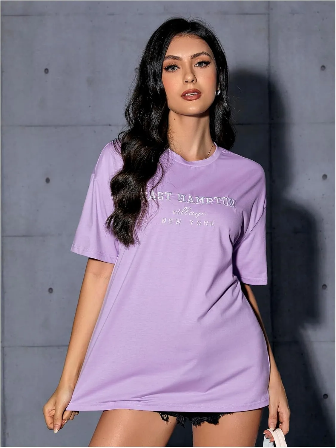 Verdusa Women's Oversized Letter Graphic Tees Embroidery Short Sleeve Shirts Tops