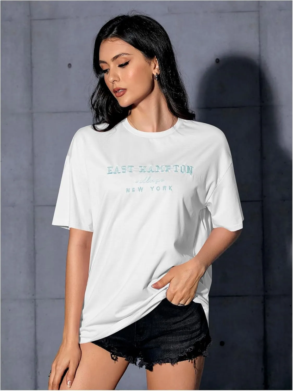 Verdusa Women's Oversized Letter Graphic Tees Embroidery Short Sleeve Shirts Tops