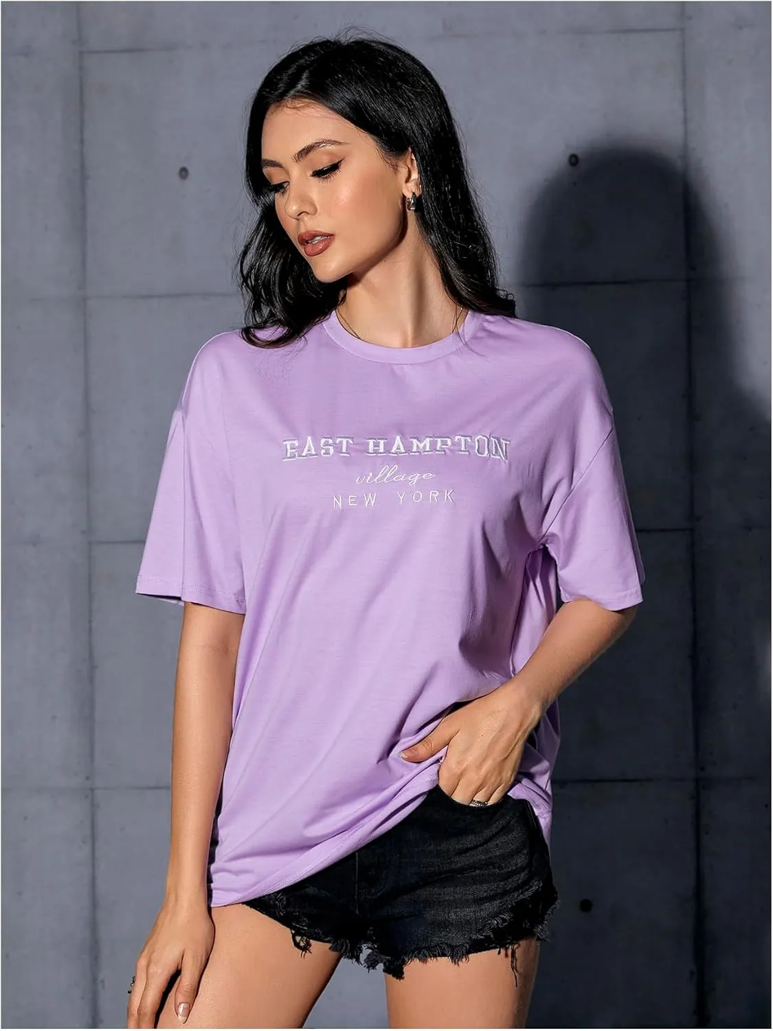 Verdusa Women's Oversized Letter Graphic Tees Embroidery Short Sleeve Shirts Tops