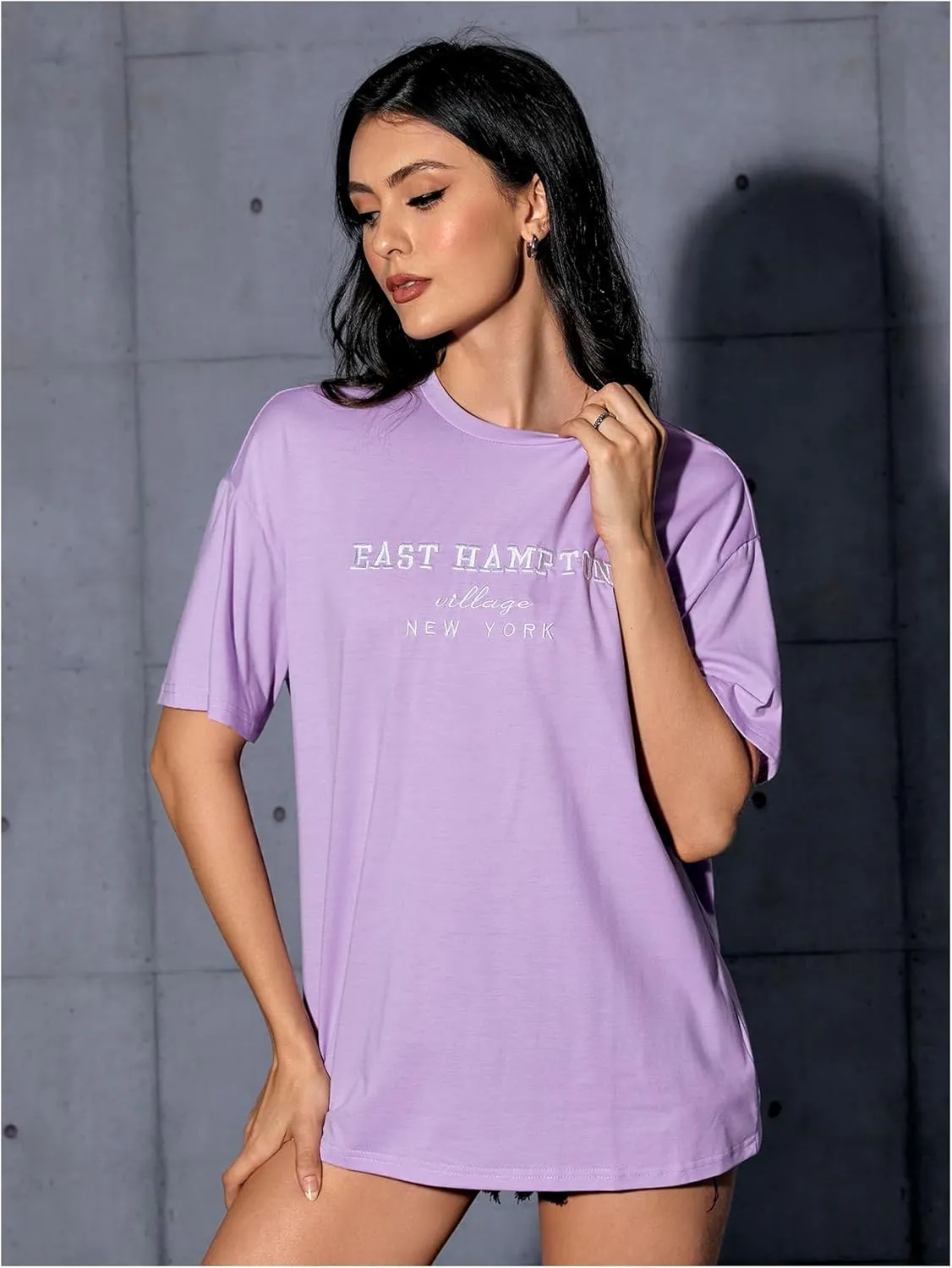 Verdusa Women's Oversized Letter Graphic Tees Embroidery Short Sleeve Shirts Tops