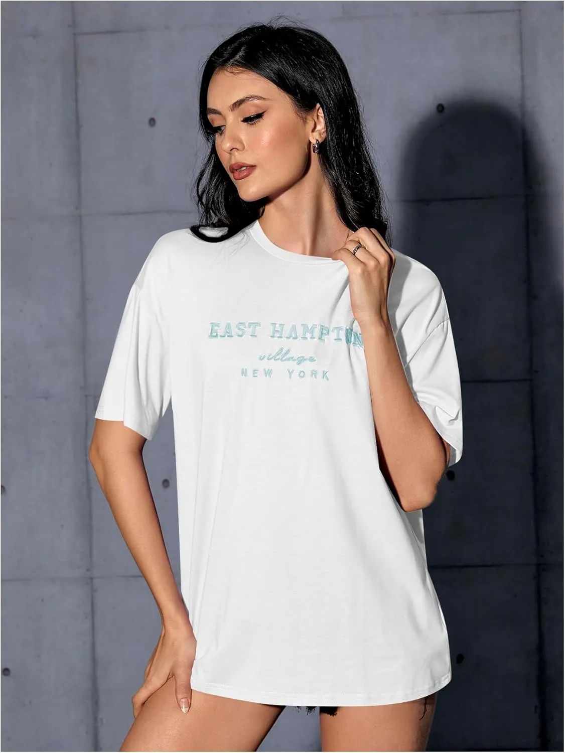 Verdusa Women's Oversized Letter Graphic Tees Embroidery Short Sleeve Shirts Tops