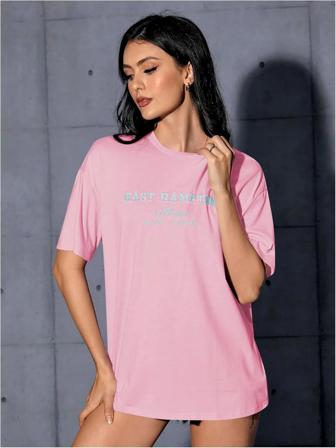 Verdusa Women's Oversized Letter Graphic Tees Embroidery Short Sleeve Shirts Tops
