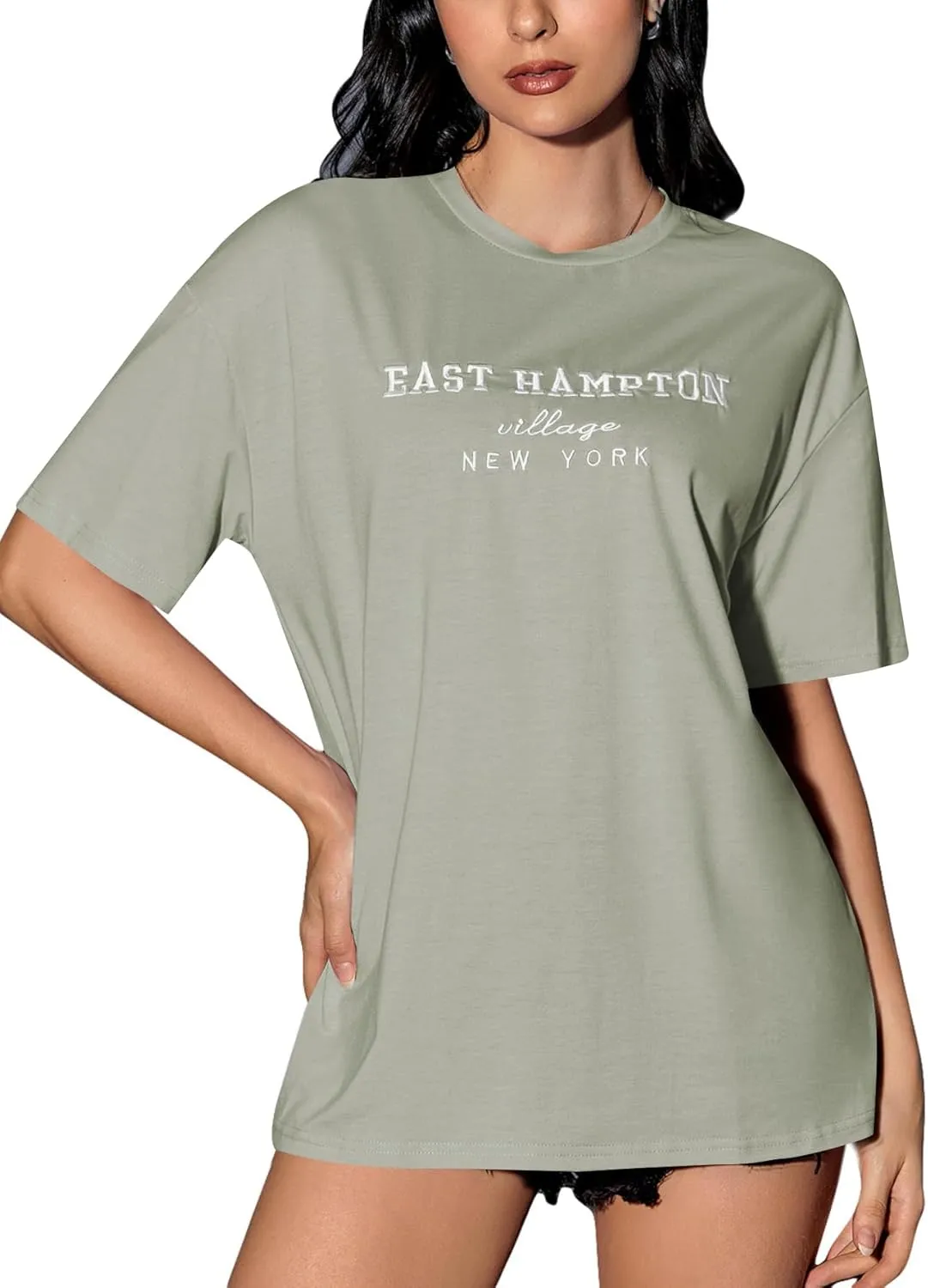Verdusa Women's Oversized Letter Graphic Tees Embroidery Short Sleeve Shirts Tops