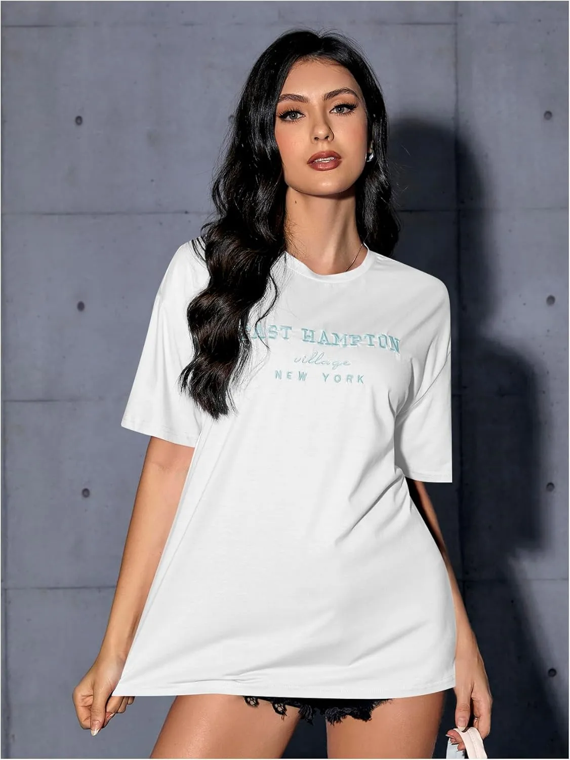 Verdusa Women's Oversized Letter Graphic Tees Embroidery Short Sleeve Shirts Tops